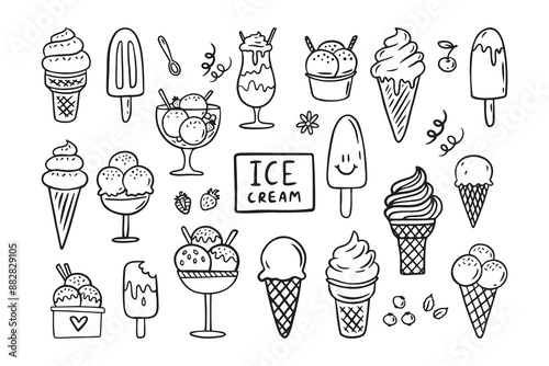 Ice cream Hand drawn doodle set. Different types, waffle cone, cup ice cream, popsicle, sundae. Sketch style cafe menu, card, birthday card decoration.