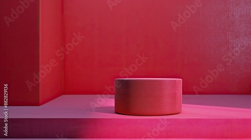 Premium product display on red fabric-covered cylinder podium  magenta background