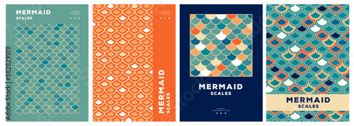 Set of retro summer disco posters with mermaid scale abstract texture.Vector illustration
