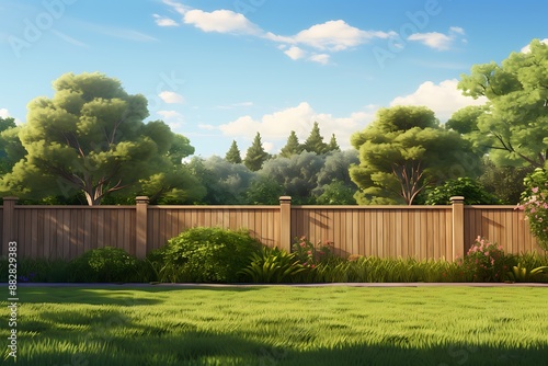 3d render of beautiful garden with wooden fence and green grass.