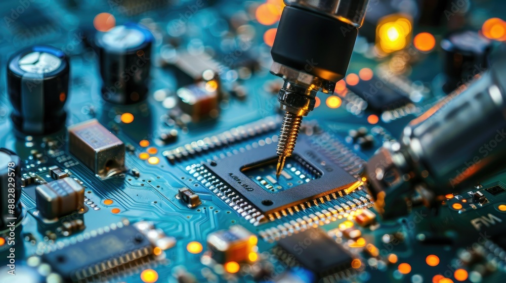 Robot arm in electronics manufacturing, precise component installation on circuit board Robot arm in electronics manufacturing, precise component installation on circuit board