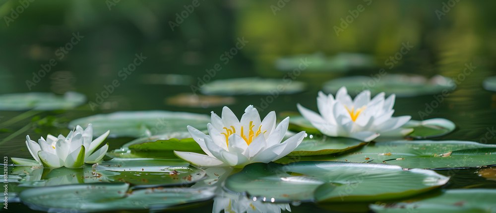 Beautiful water lilies floating gracefully on the surface of a serene pond on sunny day. Beautiful water lilies floating gracefully on the surface of a serene pond on sunny day.