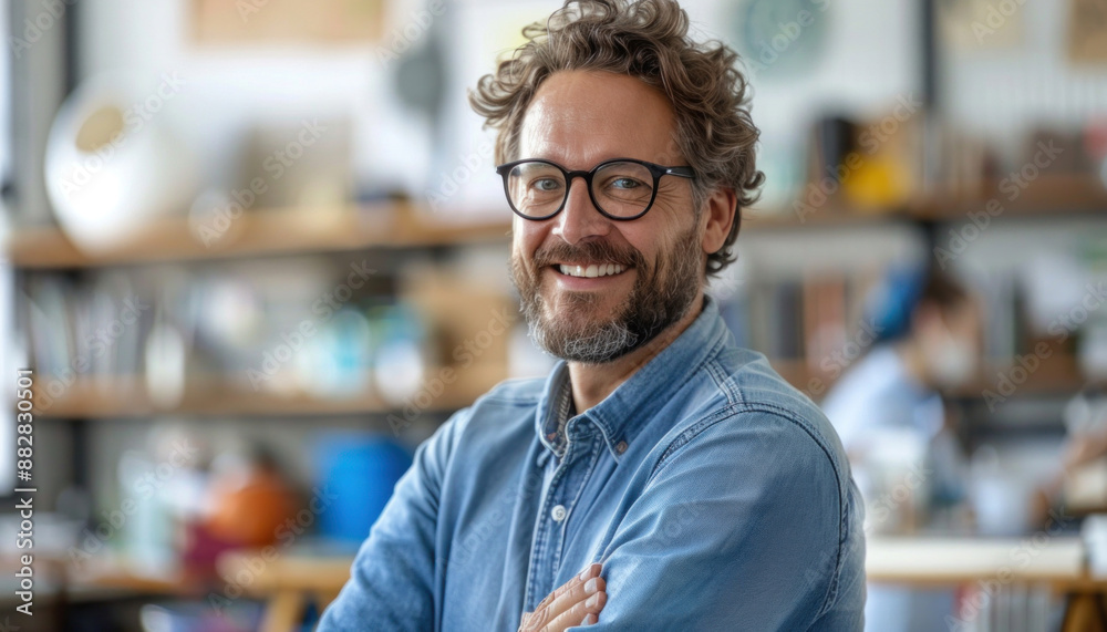 Obraz premium In an office, a man with glasses and a beard is smiling with his arms crossed, exuding confidence and happiness