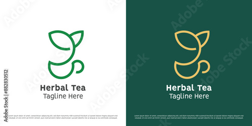 Tea cup logo design illustration. Silhouette of mug cup leaf green tea coffee herbal health drink cafe restaurant. Simple geometric icon symbol elegant minimalist minimal abstract nature organic.