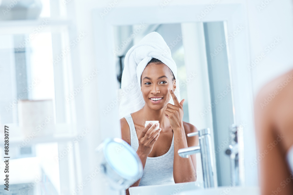 Face cream, happy woman and mirror for skincare in house bathroom for foundation, glow or natural shine. Facial lotion, model or female person with cosmetics, towel or vitamin c for beauty results Face cream, happy woman and mirror for skincare in house bathroom for foundation, glow or natural shine. Facial lotion, model or female person with cosmetics, towel or vitamin c for beauty results