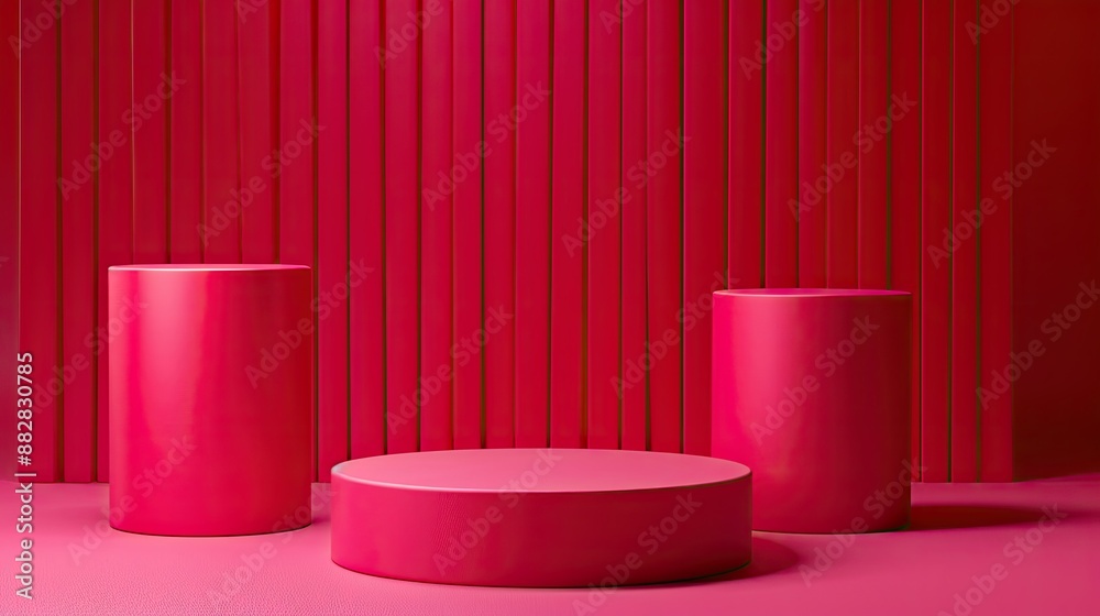 Sophisticated red fabric-covered cylinder podium on magenta backdrop, product display Sophisticated red fabric-covered cylinder podium on magenta backdrop, product display