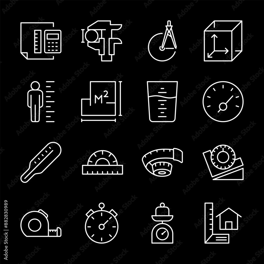 Measurement tools, white line icons. Instruments for accurate measurement of length, width, and depth. Essential for engineering and construction visuals. Symbols on black background. Editable stroke.
