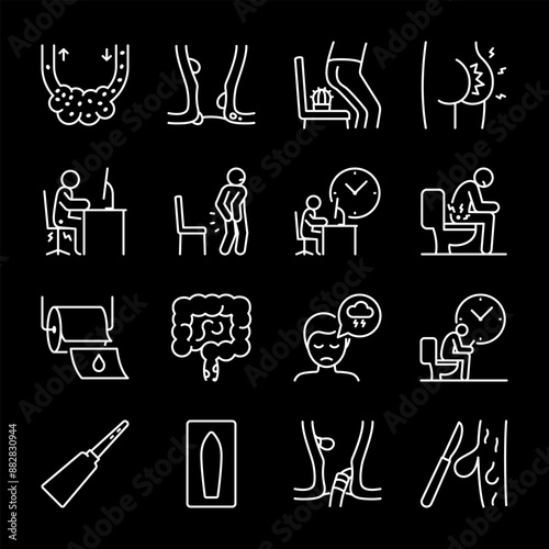 Hemorrhoids, white line icons. Medical illustrations of inflamed vascular formations and treatment symbols. Essential for healthcare visuals. Symbols on black background. Editable stroke.