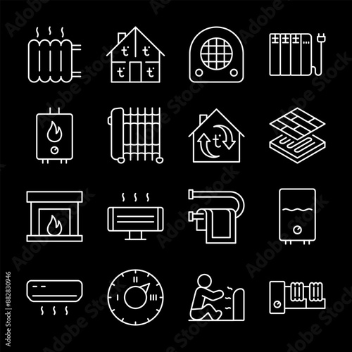 Heaters, white line icons. Equipment for home and space heating. Perfect for home improvement and utility themes. Symbols on black background. Editable stroke.