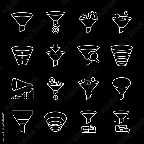 Funnels, white line icons. Filtering and sorting tools. Perfect for business, marketing, and process management themes. Symbols on black background. Editable stroke.