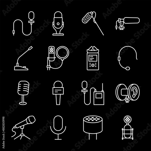 Microphones, white line icons. Various types of microphones, lavalier, pop filter, and stereo. Perfect for audio and broadcasting themes. Symbols on black background. Editable stroke.