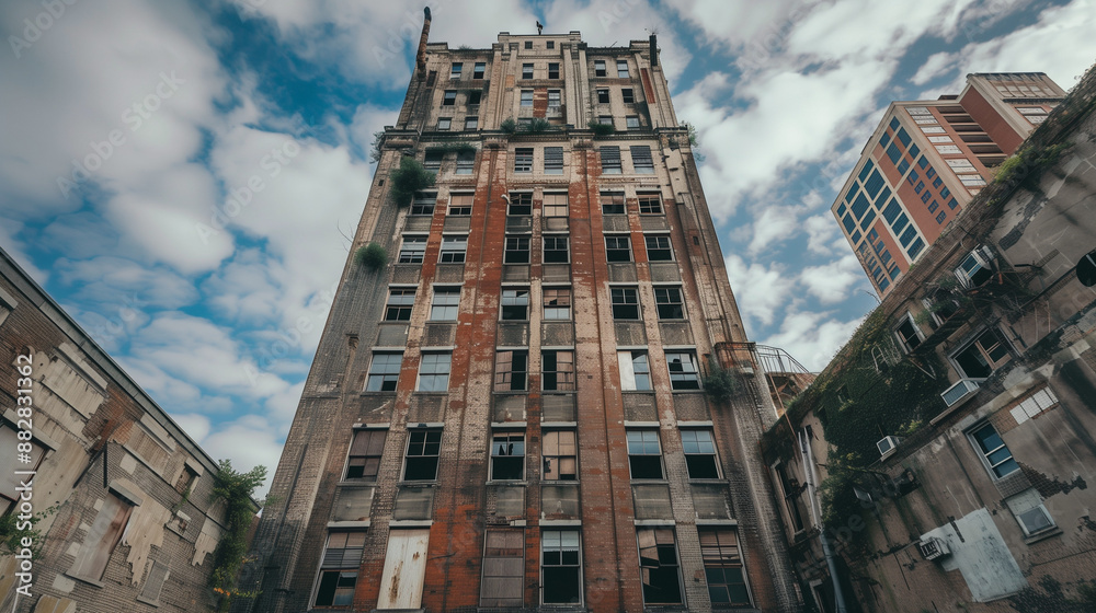 Fototapeta premium Exterior of abandoned Ruined damaged building with debris in urban city