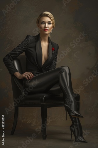 a photorealistic image of a successful professional sophisticated 35 year old woman wearing high fashion Mugler and stiletto heels, fashion photoshoot 