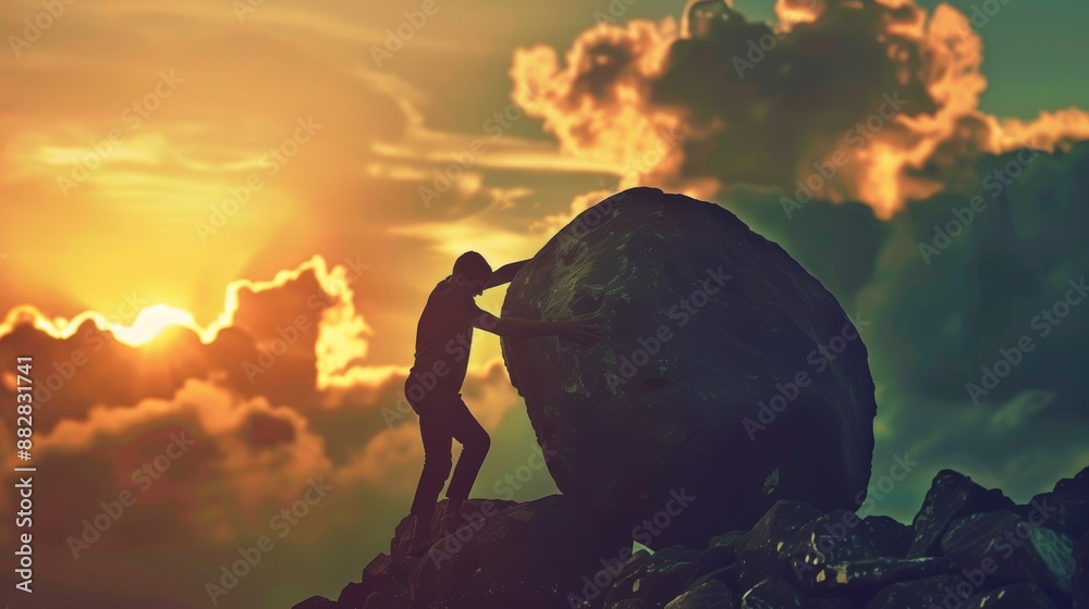 Sisyphus concept with person pushing huge rock up the hill Stock