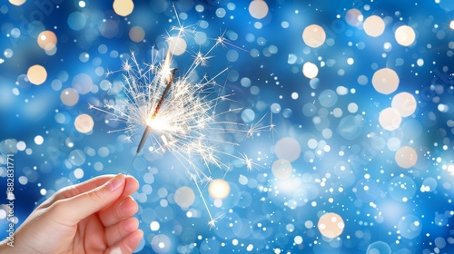 Capturing a festive winter moment  hand holding sparkler amid smiling faces in blurred background © Ilja