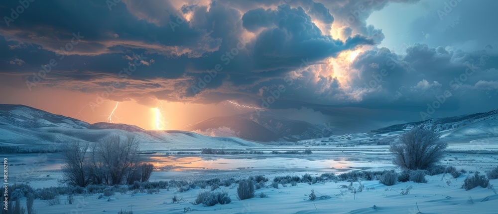 Fototapeta premium Thunderstorm over a snowy landscape, winter weather clash