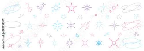 Y2k star sparkle bling abstract shapes. Retro futuristic sparkle icons collection. Simple minimal geometric signs in retro 2000s style. Twinkle, blink, firework, glitter silhouette and glowing symbols