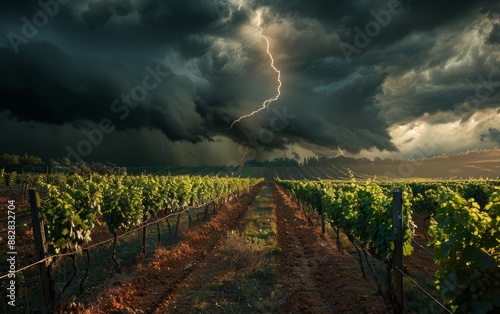 Thunderstorm over a vineyard, agricultural weather challenge