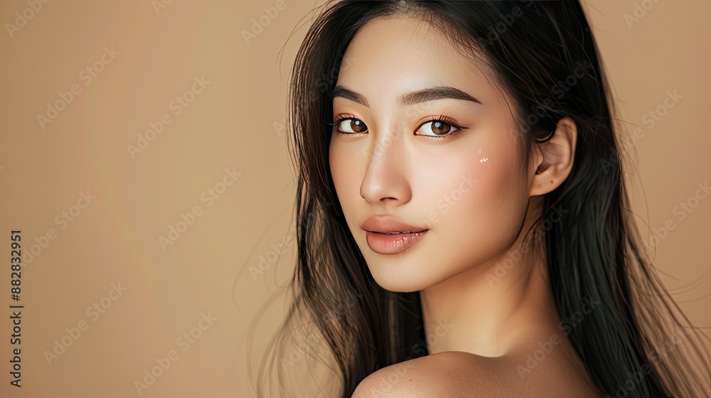 Young Asian woman with long hair, Korean makeup, perfect skin, beige background, focus on aesthetic treatment Young Asian woman with long hair, Korean makeup, perfect skin, beige background, focus on aesthetic treatment