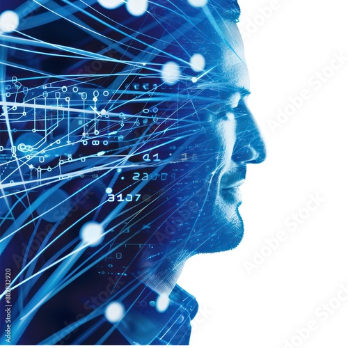 A double exposure of a man's face with numbers coming out of his head with a blue circuit board in the background.