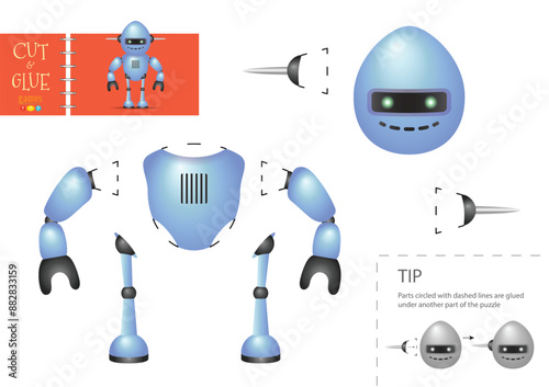 Cut and glue paper vector toy. Funny robotic character as a cardboard cutout model. Educational puzzle worksheet