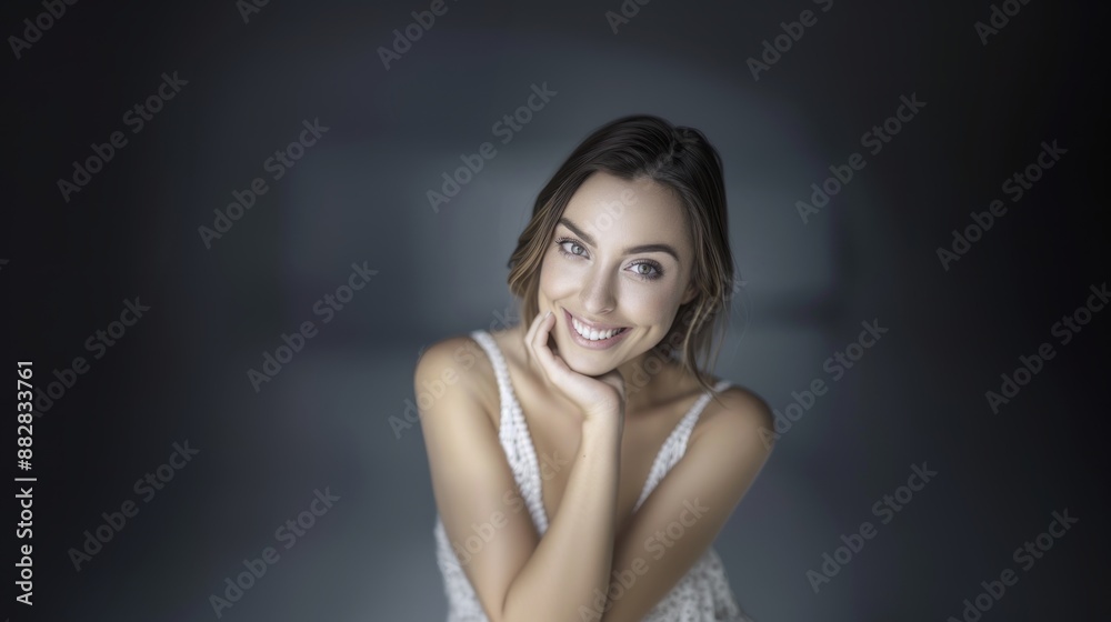 An American woman smiling with her hand under her chin in posing for a blurred background skincare concept An American woman smiling with her hand under her chin in posing for a blurred background skincare concept