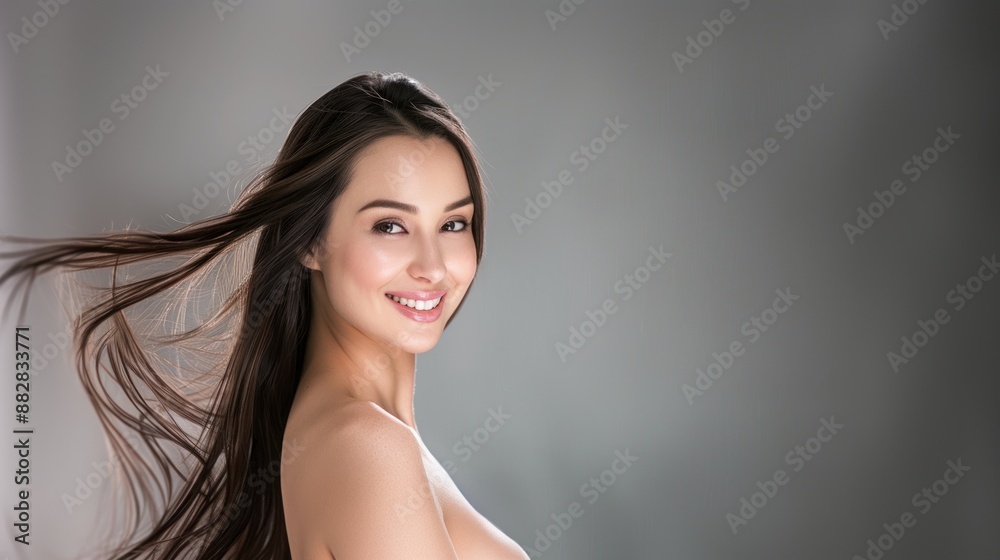 An American woman with long hair smiling at the camera for skincare campaign plain grey background skincare concept An American woman with long hair smiling at the camera for skincare campaign plain grey background skincare concept