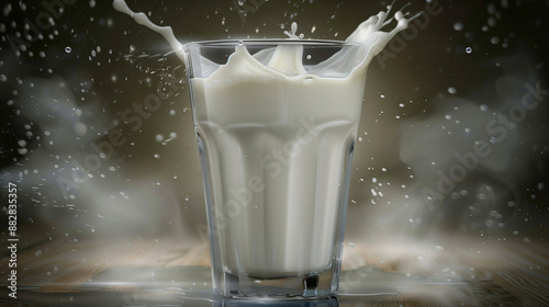 Creamy Splashy. A clear glass filled with milk, captured mid-splash against a blurred background, showcasing the dynamic movement of liquid.