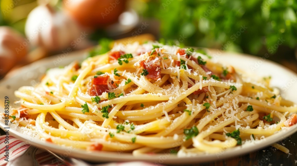 A delicious plate of spaghetti carbonara, topped with crispy pancetta, a rich creamy sauce, and freshly grated Parmesan cheese. A delicious plate of spaghetti carbonara, topped with crispy pancetta, a rich creamy sauce, and freshly grated Parmesan cheese.