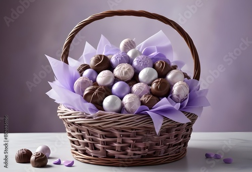 A wicker basket brimming with an assortment of chocolate candies - high detail, Lavender-&-silver color, blurry, muted colors, long exposition motion blur