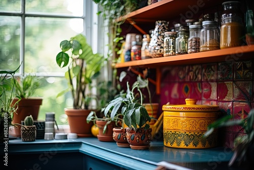 a shelf filled with potted plants next to a window