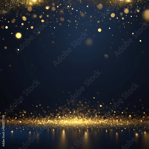 abstract background with Dark blue and gold particle. Christmas Golden light bokeh on navy blue background. black bokeh background black texture dark Gold foil texture. Holiday concept. ai