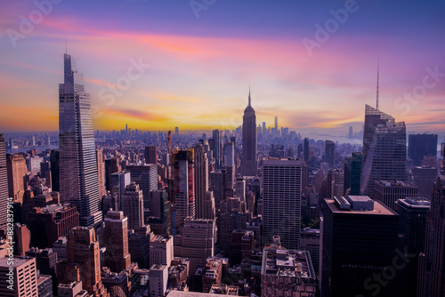 Photography New York City skyscrapers rooftop urban view.