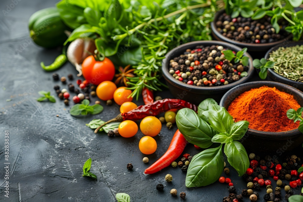 Fresh Herbs and Spices with Colorful Vegetables on a Dark Background Fresh Herbs and Spices with Colorful Vegetables on a Dark Background
