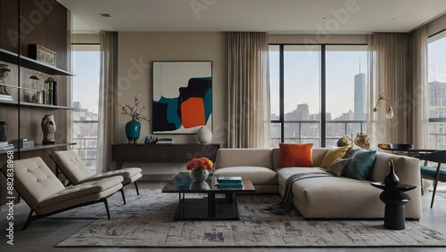 A sleek contemporary apartment with modern furniture, large windows, and a neutral color scheme, accented with pops of bold color and abstract art