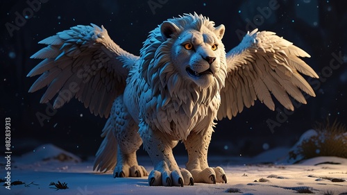 A mythical creature, a type of gryphon, head of a lion, wings of a snow owl. 3D rendering