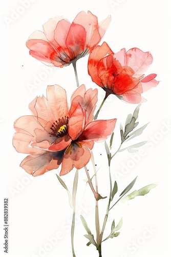 A watercolor painting, flowers on white background, watercolor painting, ink painting, a mix of wet and wet, bright colors, flat illustrations, bold line works, soft pink, watercolor painting,