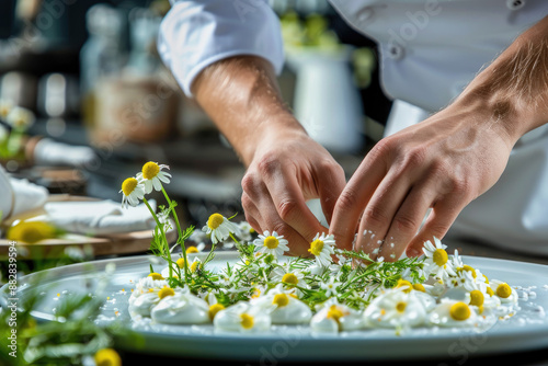 Chefs hands plate Chamomileinfused desserts with Dutch windmill backdrop photo