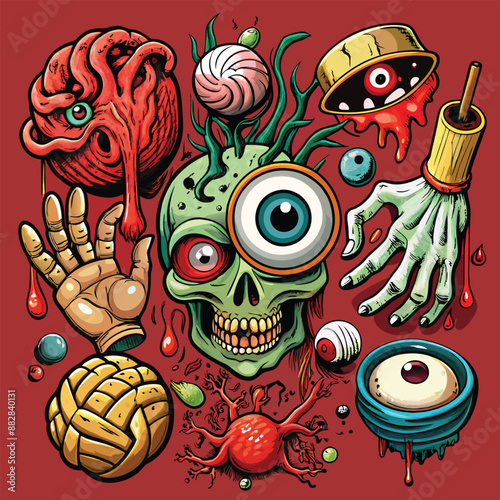 Gory elements like eyeballs severed hands, and other body parts for a truly scary touch.