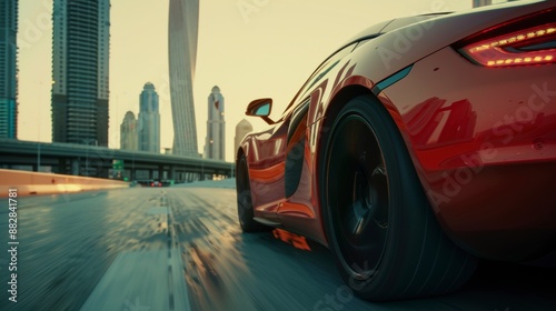 Rear view of a red sports car on an urban road at sunset city skyline