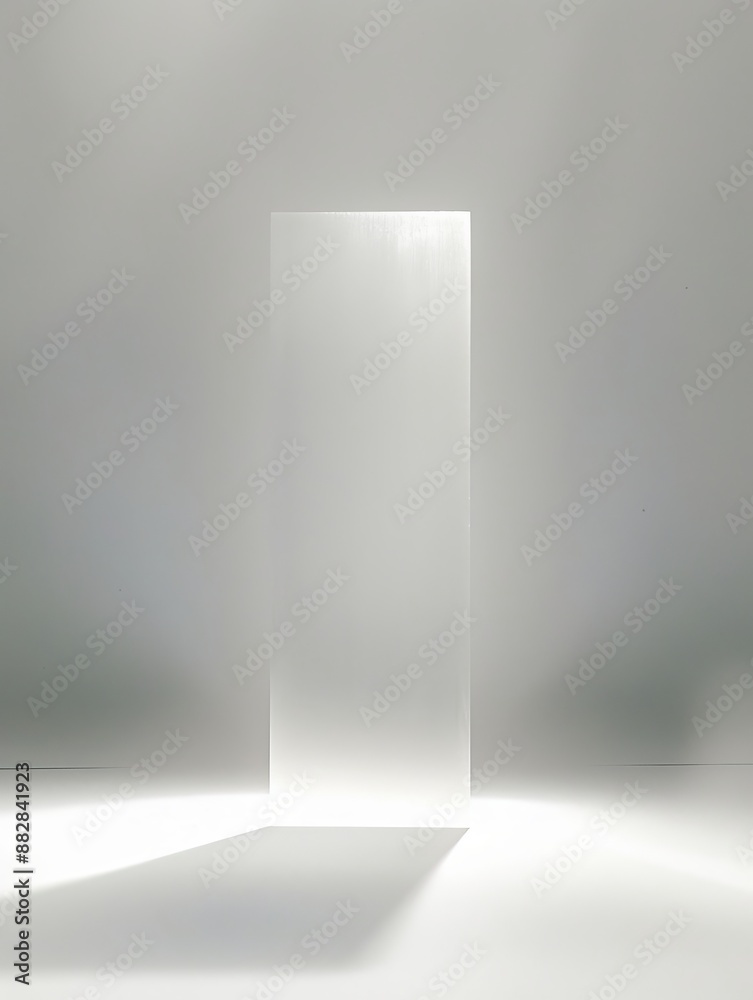  Scene made of rice paper White background, white wall, light and shadow effect, a vertical rectangular transparent acrylic box floating in the air, a simple composition, minimalist style, symmetrical