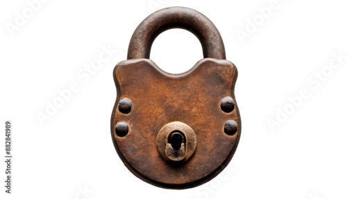 Antique brass padlock with keyhole isolate on transparent background, cutout, png 