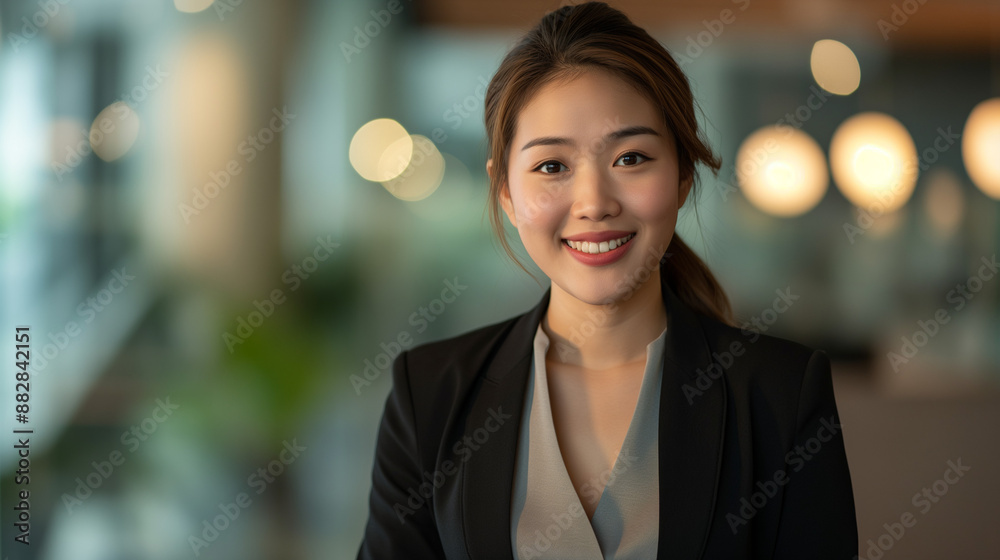 Smiling businesswoman in modern office setting Smiling businesswoman in modern office setting