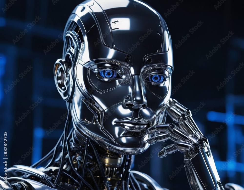 A silver robot thinking with his chin resting in his hand, with a background of dark blue and black colors and digital connections in the form of lines A silver robot thinking with his chin resting in his hand, with a background of dark blue and black colors and digital connections in the form of lines