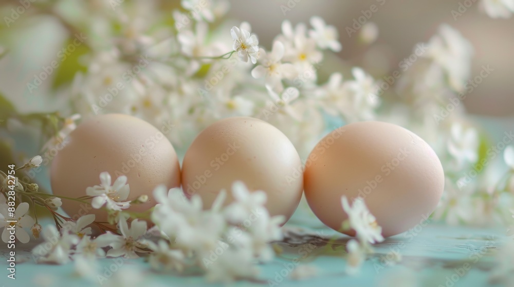 Tranquil Spring Still Life with Chicken Eggs and Fresh Flowers in Soft Colors Tranquil Spring Still Life with Chicken Eggs and Fresh Flowers in Soft Colors