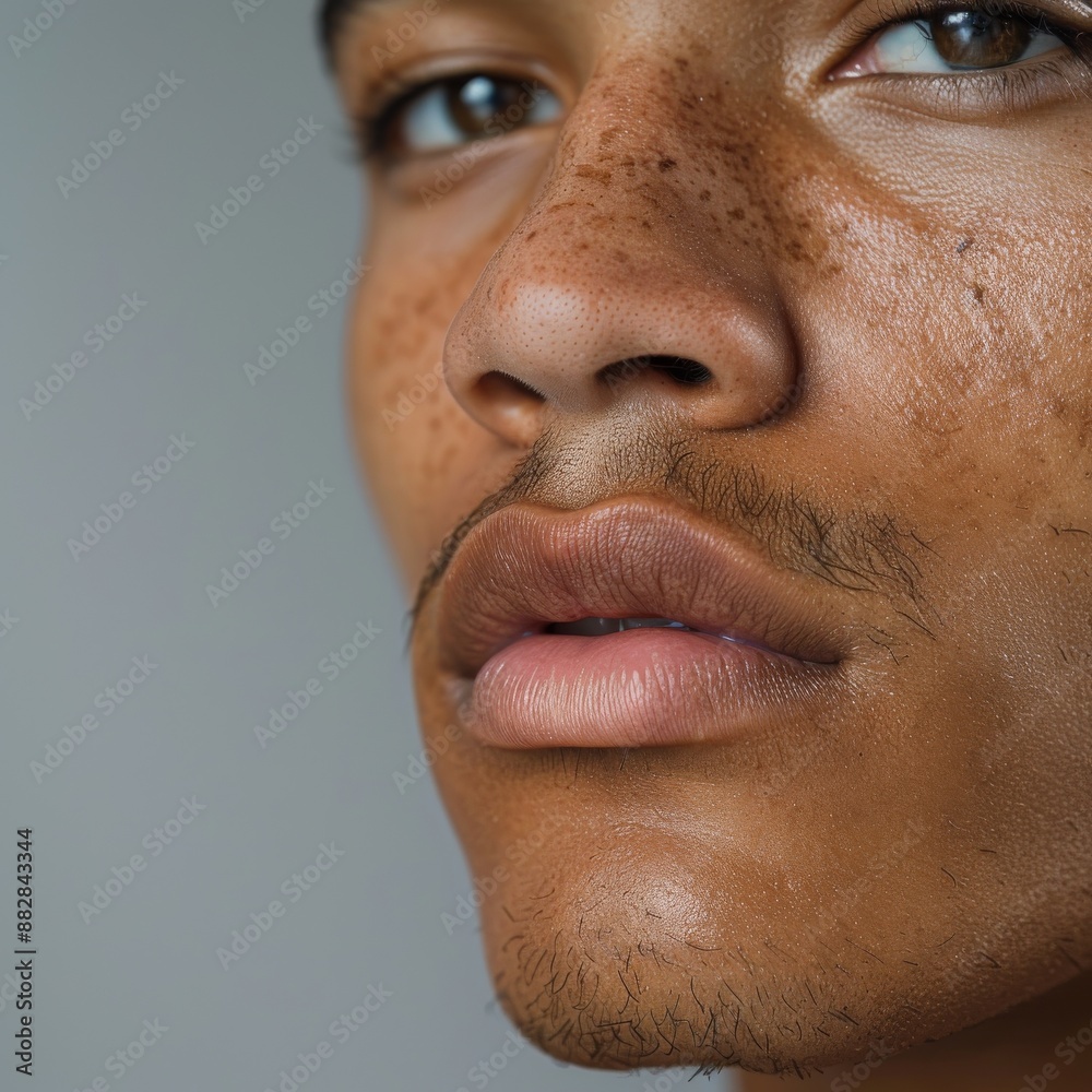 Fototapeta premium close up of man's face with clean shaven chin, no hair on his jawline,