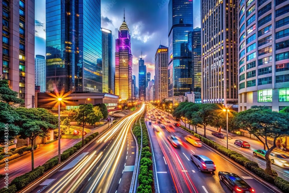 Bustling metropolis street scene featuring vibrant neon lights, sleek skyscrapers, and steady traffic flow, capturing urban energy and modern city life's dynamic atmosphere. Bustling metropolis street scene featuring vibrant neon lights, sleek skyscrapers, and steady traffic flow, capturing urban energy and modern city life's dynamic atmosphere.