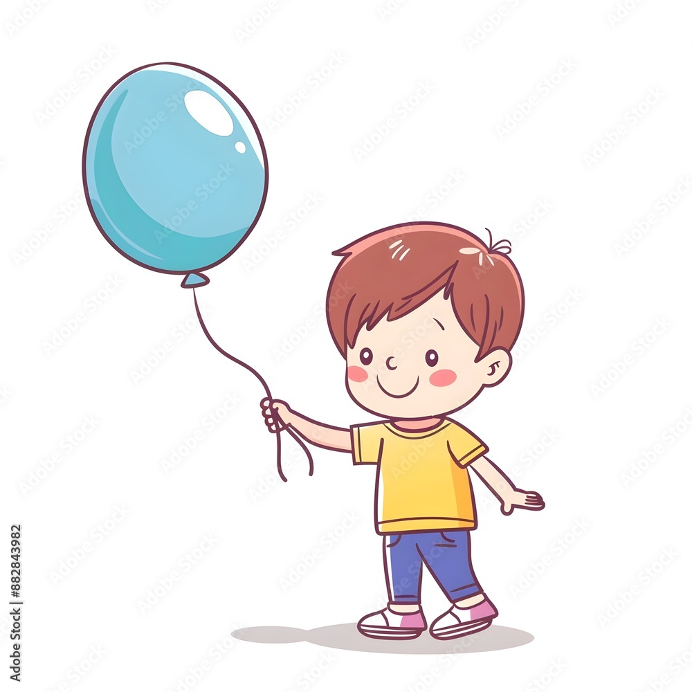 A cheerful child holds a blue balloon with a string. The child is wearing a yellow shirt, blue pants, and white shoes, standing on a light gray shadow background. A cheerful child holds a blue balloon with a string. The child is wearing a yellow shirt, blue pants, and white shoes, standing on a light gray shadow background.