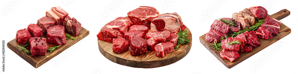 Assorted cuts of raw red beef on a butcher's board, showcasing variety and freshness on transparent background Assorted cuts of raw red beef on a butcher's board, showcasing variety and freshness on transparent background