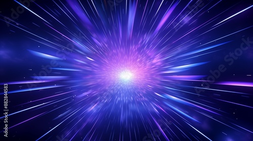 Abstract background in blue and purple neon glow colors. Speed of light in galaxy. Explosion in universe. Space background for event, party, carnival, celebration, anniversary or other. 3D rendering.